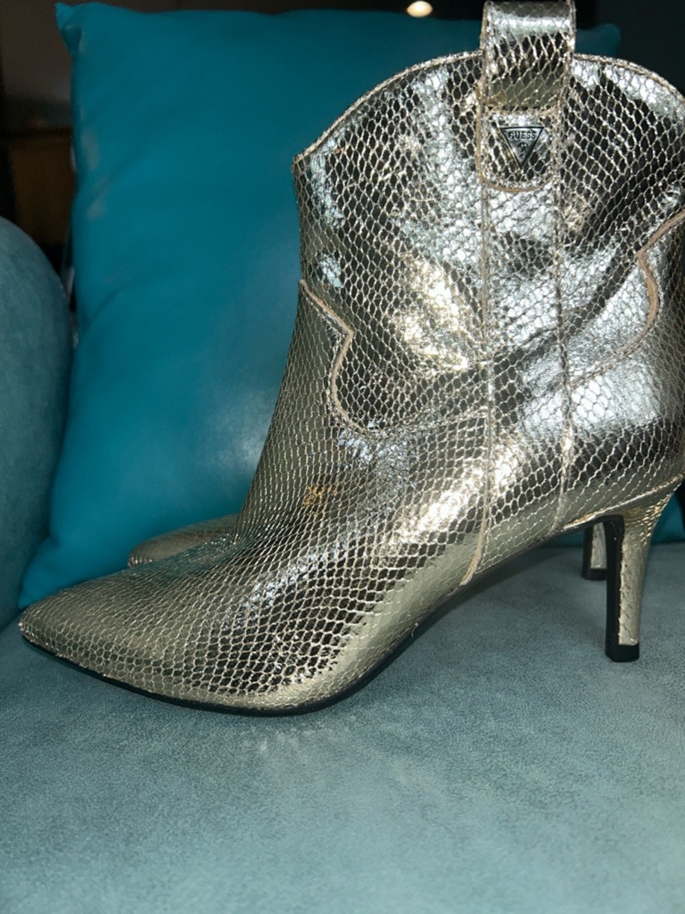 Guess Metallic Gold Pointed-Toe Western Ankle Boots size 7M NWT